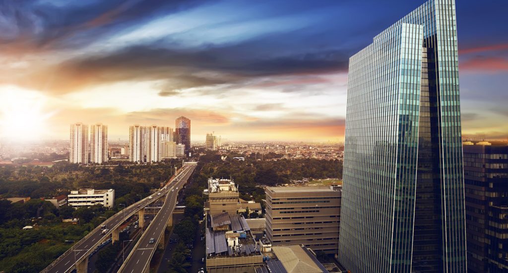 Jakarta city at night with modern building